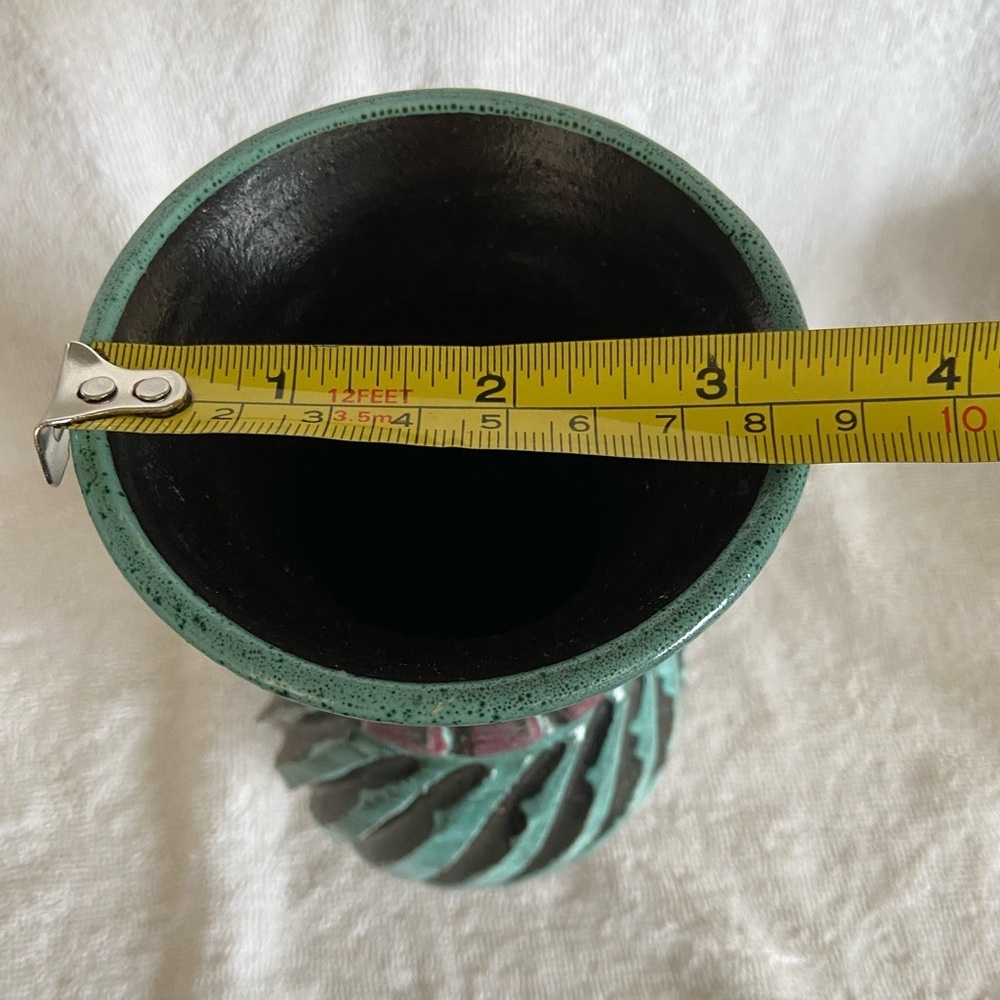 🩷 Vtg ITALIAN Hand Made POTTERY VASE Carved Designs in TEAL/BURGUNDY/Metallic Bl - Picture 9 of 11